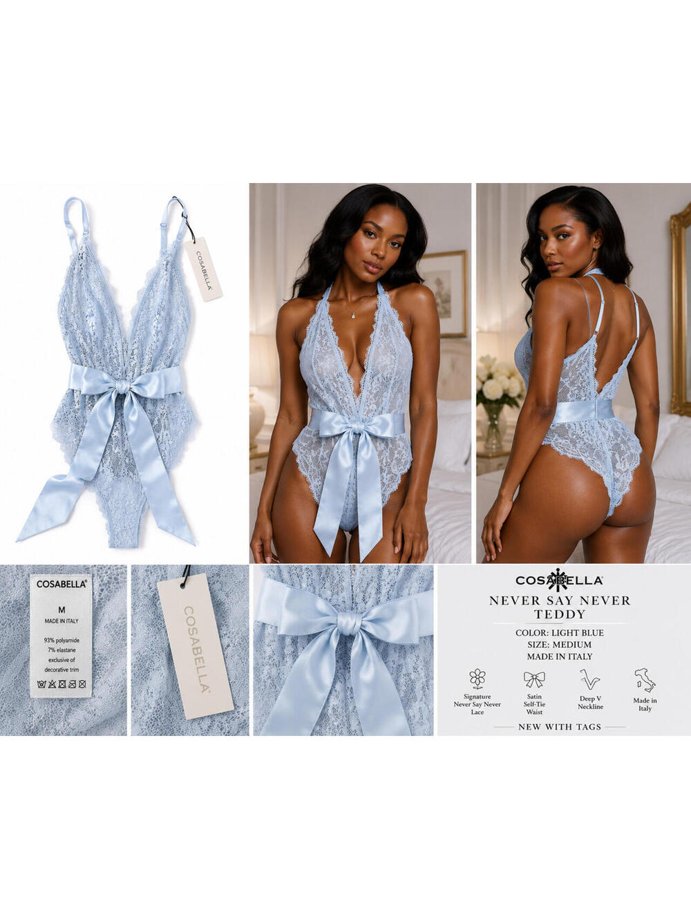 Cosabella Never Say Never Teddy Light Blue Lace Bodysuit Medium M NWT Italy